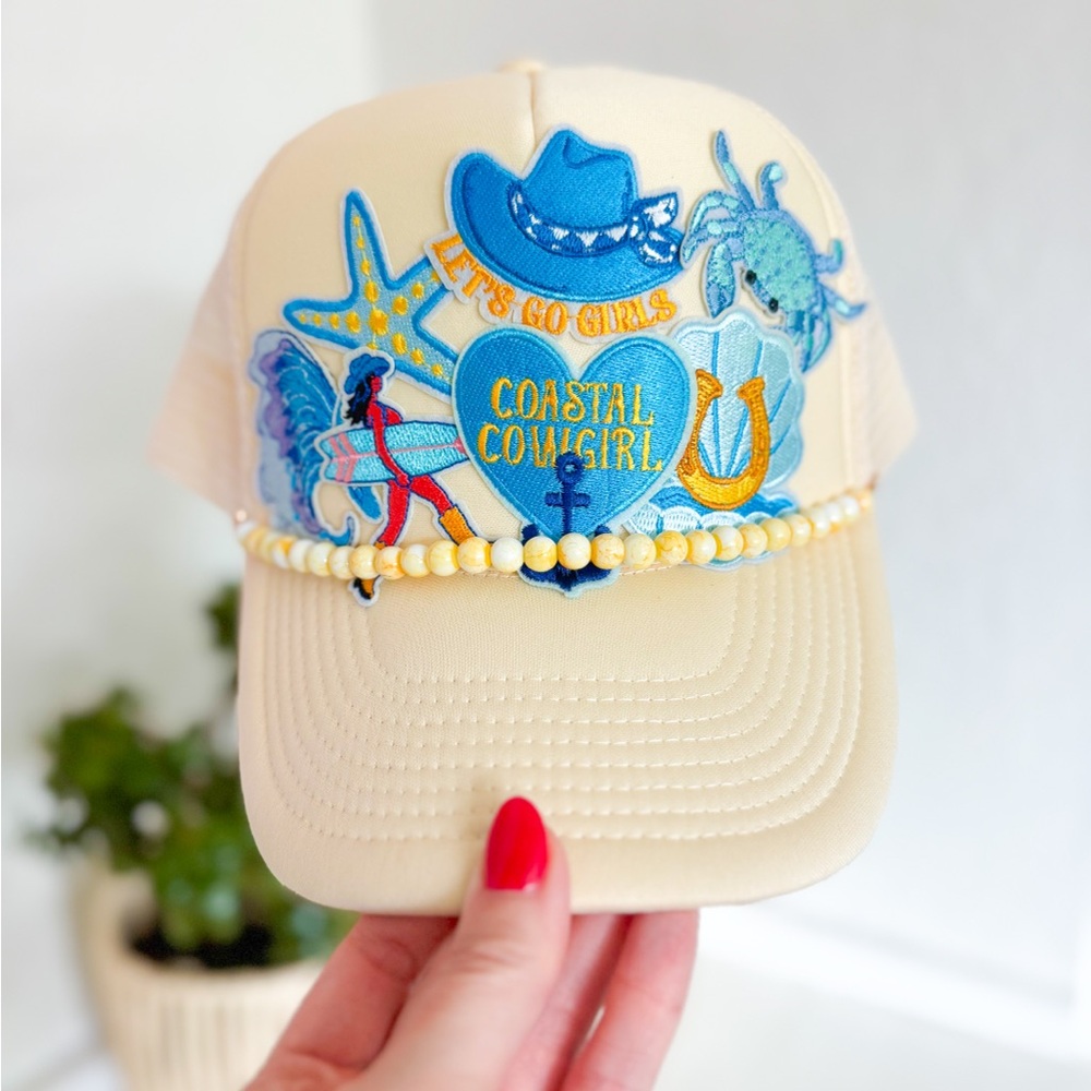 Coastal Cowgirl Custom Patch Trucker Hat with beaded chain